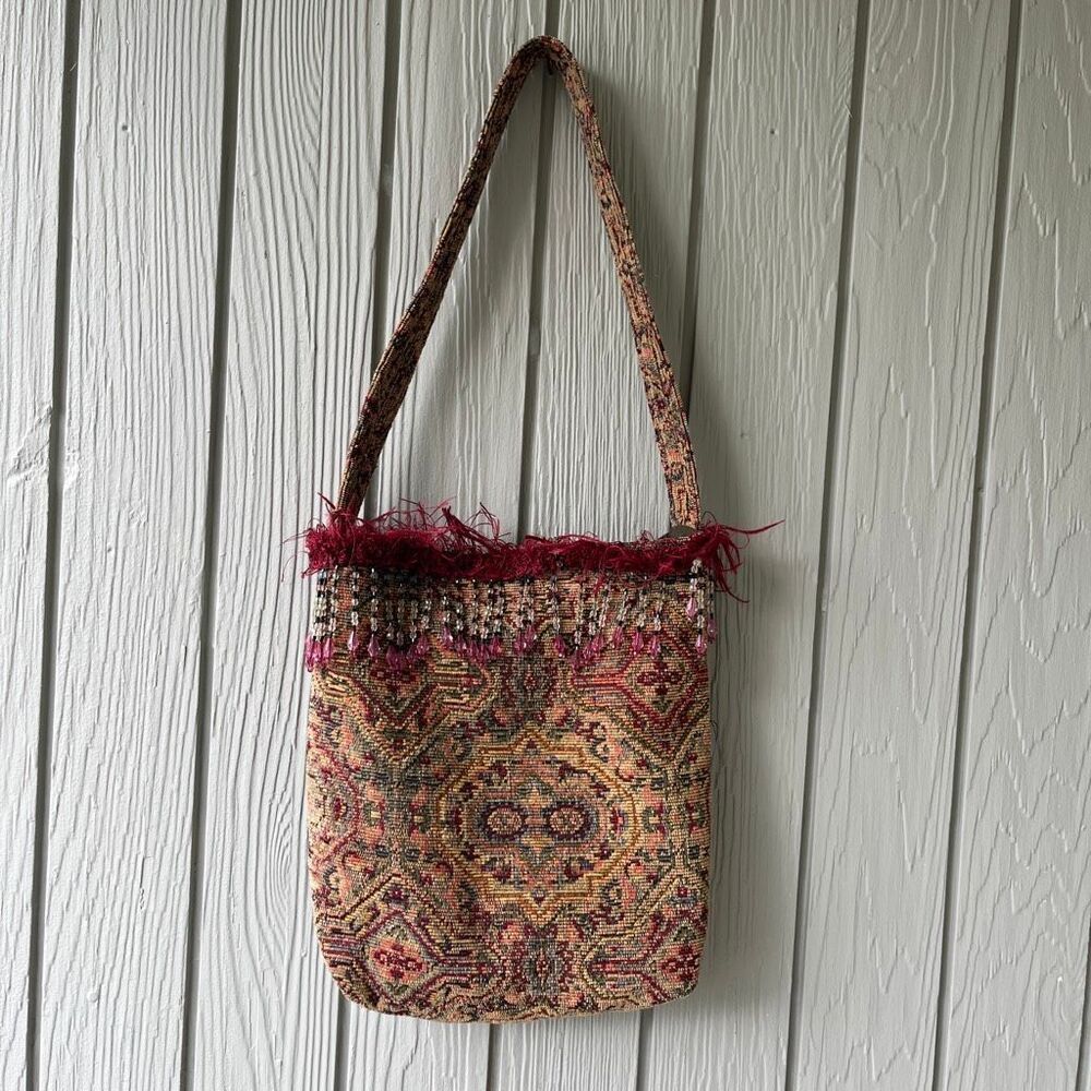 Y2K Tapestry Beaded Fringe Shoulder Bag Boho Fairy Grunge Purse